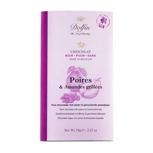 Tabletă de ciocolată neagră cu pere sălbatice și migdale prăjite 70g Dolfin Dolfin