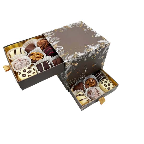 Cutie motive Craciun cu praline belgiene asortate Bruyerre 500g