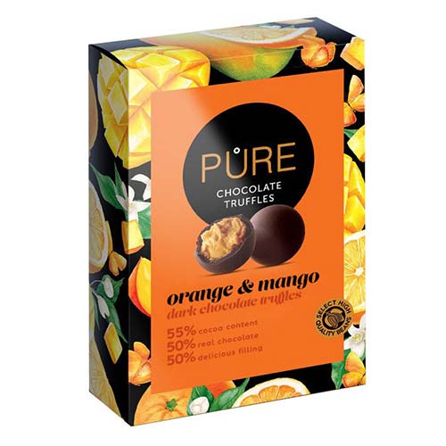 Trufe de ciocolată cu aromă de portocală și mango Pure Chocolate 148g Delicatessen
