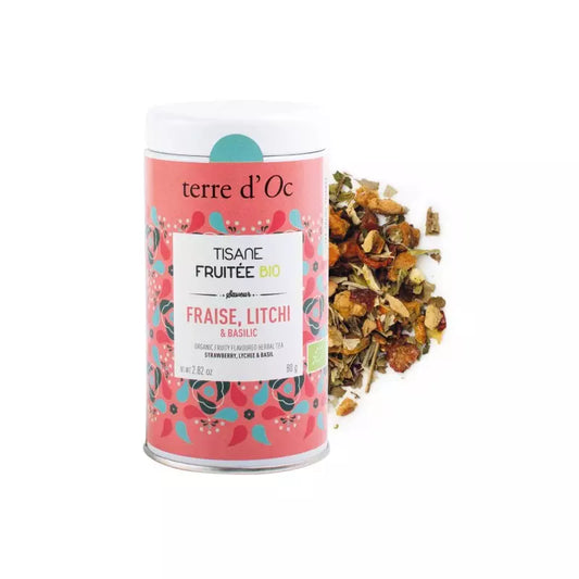 Ceai organic fructat cu căpșuni, litchi și busuioc Terre d'Oc 80g Terre d'Oc