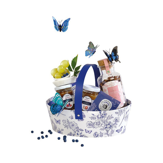 Coș oval din carton Toile de Jouy alb/albastru, mâner pliabil Delicatessen