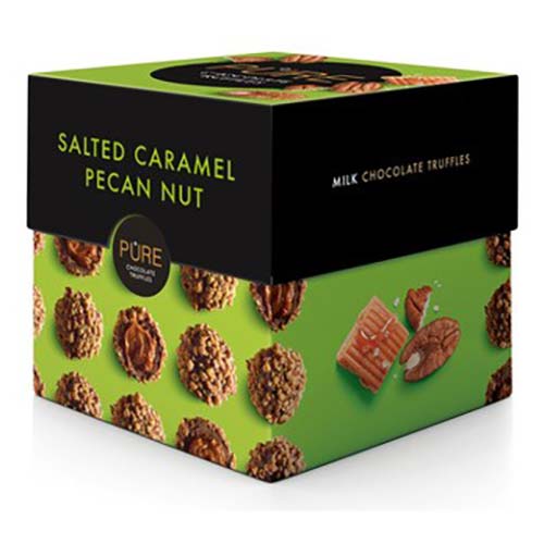 Cub cu 12 trufe de ciocolată cu lapte, cu umplutură de cremă de caramel sărat și nuci pecan Pure Chocolate 96g