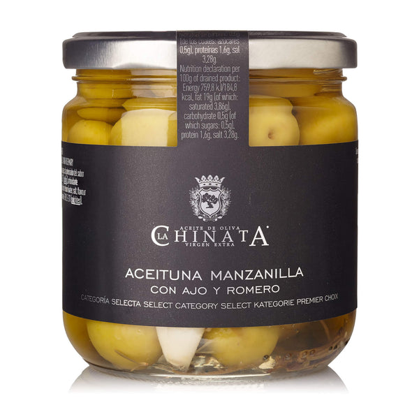 Masline Manzanilla cu usturoi si rozmarin La Chinata 350g - Delicatessen Delicatessenro Masline