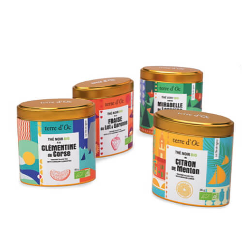 Gift set ceaiuri organice cu arome fructate- clementina, lamaie, capsuni si corcoduse din Lorraine Terre d'Oc 35g