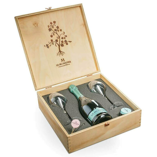 Pachet cadou Franciacorta Satèn La Montina „Cin Cin”, cu 2 pahare, în cutie de lemn Delicatessen