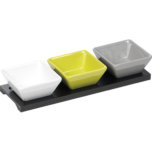 Set 3 boluri mici ceramice (verde anason, alb, gri) pe suport de lemn 9 x 7.5 x 3 cm Delicatessen